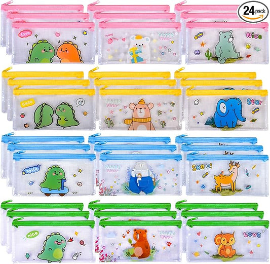 Ulema 24 Pcs Back to School Gifts Cartoon Mesh Pencil Pouch Bags Plastic Zipper Pouch 8×4 Inch for Classroom Organization School Office Supplies (24)