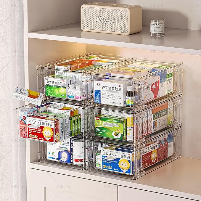Sgoostood 6 Pack Stackable Organizer Drawers, Clear Desk Storage Box,Transparent Drawer in Home, Office and Kitchen Pull Out Organizer Bins for Make Up, Pen, Desktop Stationary (6 Pack)
