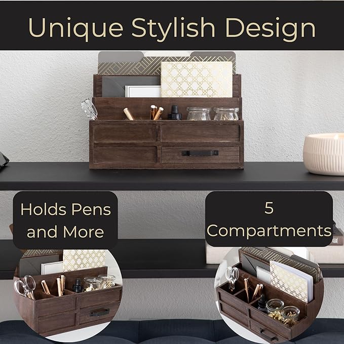 BLU MONACO | Wooden Mail Organizer with Drawer and Pen Holder | Mail Sorter Organizer Countertop for Desk or Kitchen | Outgoing Mail Holder Wood Desktop Storage