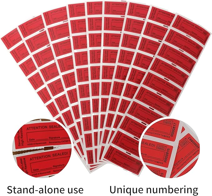 ChtepTamper 100 Pieces Total Transfer Tamper-Evident Stickers Security Labels Great for Goods Shipping,Exchange of Agency Files, Privacy Protection or More(Serial Number 0.8 * 2.4inches Red)