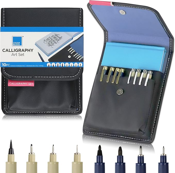 COLOUR BLOCK 10PC Calligraphy Set - Sketchbook, PU Pen Case, Fineliner, Hand Lettering, Sketching, Basic Writing, Journaling Supplies, Fine Point Pens