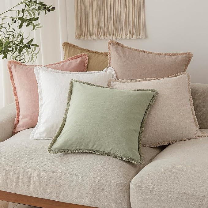 Foindtower Set of 2 Decorative Fringe Throw Pillow Covers Boho Farmhouse Cushion Cover with Tassels Soft Accent Pillowcase for Couch Sofa Bed Living Room Home Decor,20×20 Inch,Light Sage Green