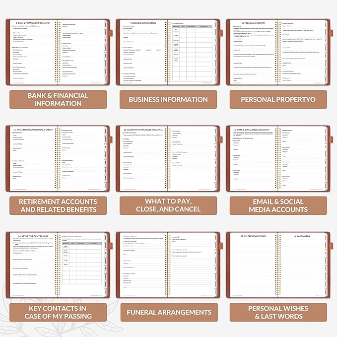SUNEE End of Life Planner - I‘m Dead Now What Planner, Large Print Spiral-Bound Estate Organizer with Tabs for Seniors & Family. Covers Final Wishes, Passwords & Funeral Planning.A4（9"x11.2"), Brown