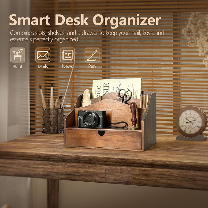 Pine Wood Mail Organizer for Desk - Rustic Mail Sorter with Drawer & Dividers - 4-Slot Mail Sorter for Letters, Files & Small Essentials - Wooden Desk Organizer for Farmhouse Home Decor (Brown)