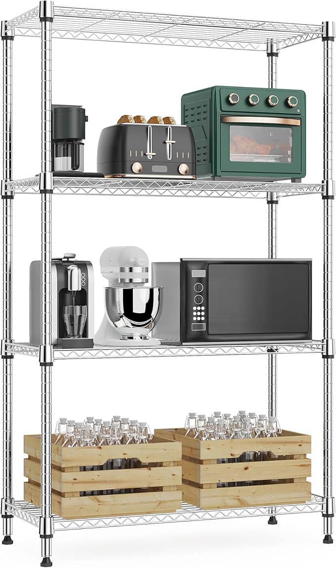M MZG 1000 lbs 4Tier Shelf Metal Storage Shelves Wire Rack Closet Organizers with Wheel for Garage Kitchen Bathroom Laundry Chrome 13.7" D x 23.6" W x 53.4" H