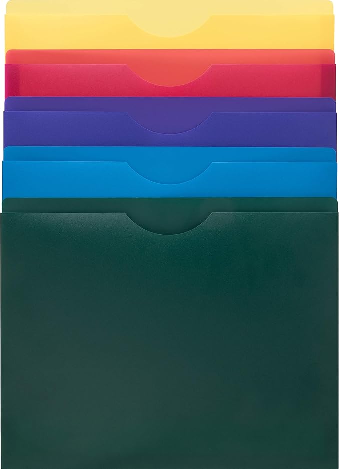 Poly File Jacket, Reinforced Straight Cut Tab, 1’’ Expansion Pocket, Letter Size, Assorted Colors - 10-Pack