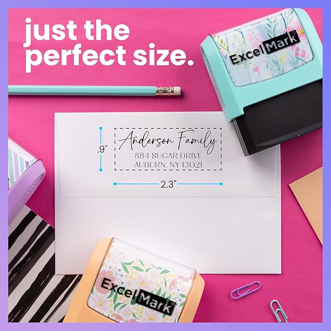 ExcelMark Address Stamp - Custom Return Address Stamp with Elegant Designs, Vibrant Colors & Patterns – Perfect for Mail, Invitations & Gifts (Pink Mount, Santa Catalina)