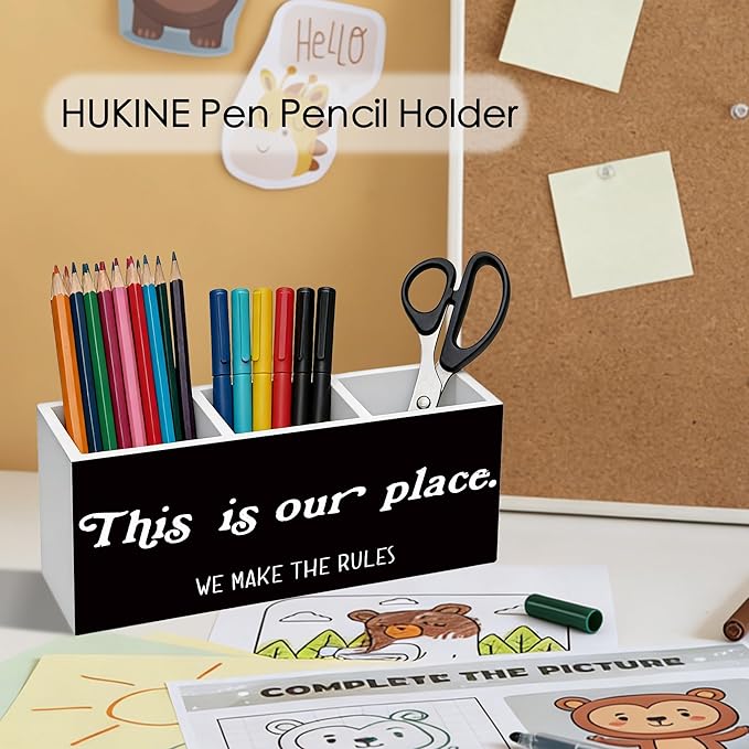 HUKINE This Is Our Place We Make the Rules Pen Holder for Desk Decoration, Inspirational Quotes Wooden Box Sign Pencil Holder Organizer for Home Office Desk Accessories, Housewarming Gifts New Home