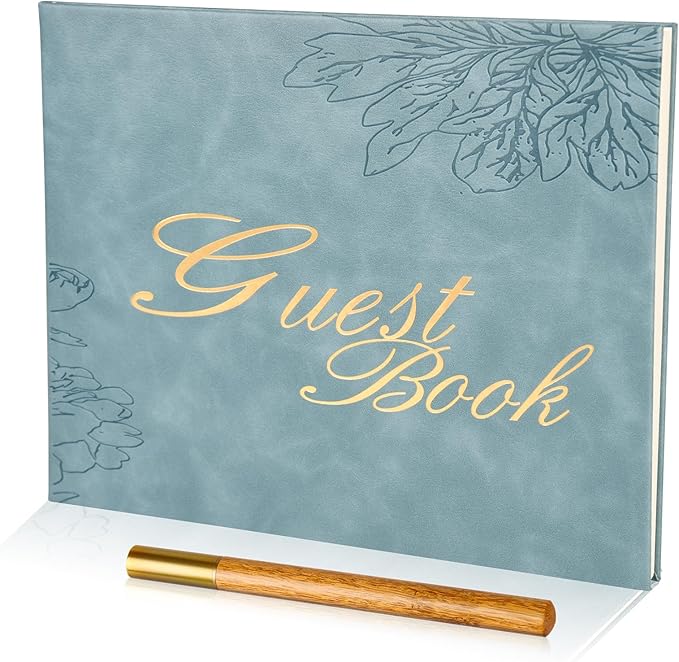 Blue Leather Wedding Guest Book,Polaroid Guest Book for Vacation Home,Wedding Reception,Funeral,Party,Memorial Service,10.3x8'' Embossed Gold Guestbook,House Visitor Guest Sign in Book with Pen
