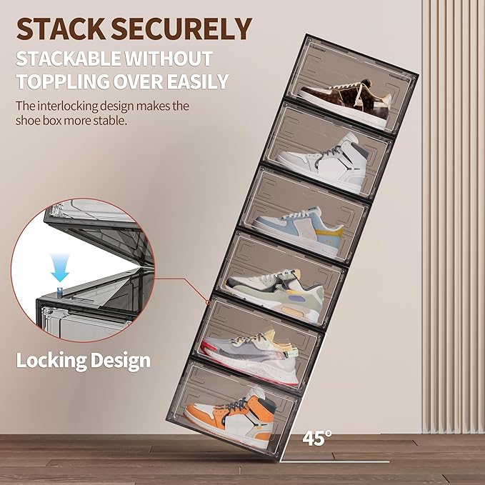 TOFWOF 10 Pack XX Large Shoe Organizer, Heavy-Duty Hard Thicken Plastic Clear Stackable Shoe Storage Box Organizer for Closet, Space-Saving Shoe Rack Display Case Bin Containers for Sneakers, Grey