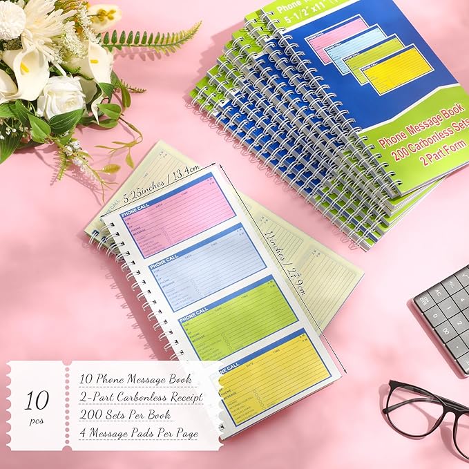 Sinmoe 10 Pcs Spiral Bound Phone Message Book with Carbon Copy 5-1/2" x 11" 2 Part Colorful Carbonless Telephone Message Pads Duplicate Spiral Phone Call Log Book for Business Office (Green,Blue)