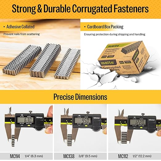 meite Corrugated Fasteners MC114 25 Gauge 1-Inch Crown 1/4-Inch Length Staples Corrugated W Fasteners for Pneumatic Corrugated Tools, for Woodworking Projects (2,000 Counts/Box)