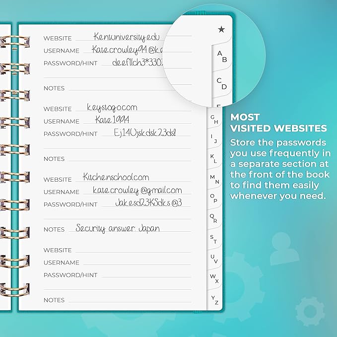 Clever Fox Password Book Spiral – Mini Internet Address & Password Organizer with Laminated Alphabetical Tabs – Small Password Keeper Journal – Hardcover, Pocket Size, 4.7x5.7” (Turquoise)