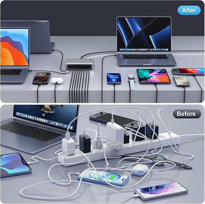 730W USB C Charger Block,GaN IV Fast Charging Station Hub 10 Ports,QC4.0+3 PD 100W USB C Laptop Charger Ports Power Adapter Compatible with MacBook Air/Pro,DELL,iPhone 17/16/15/14/13,iPad,Steam Deck