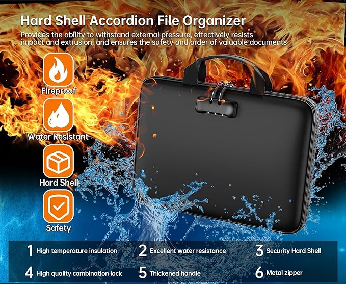 Fireproof File Organizer with Lock, Hard-Shell Case Fireproof Document Box with 13 Colorful Pockets Accordion File Folder, Important Document Organizer for Letter A4 Files Laptop Passports (Black)