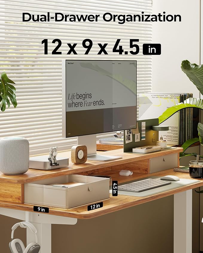 FEZIBO 40 x 24 Inch Height Adjustable Electric Standing Desk with Double Drawer, Stand up Home Office Computer Desk with 4 Height-Adjustable Feets & 2 Hooks, Light Rustic