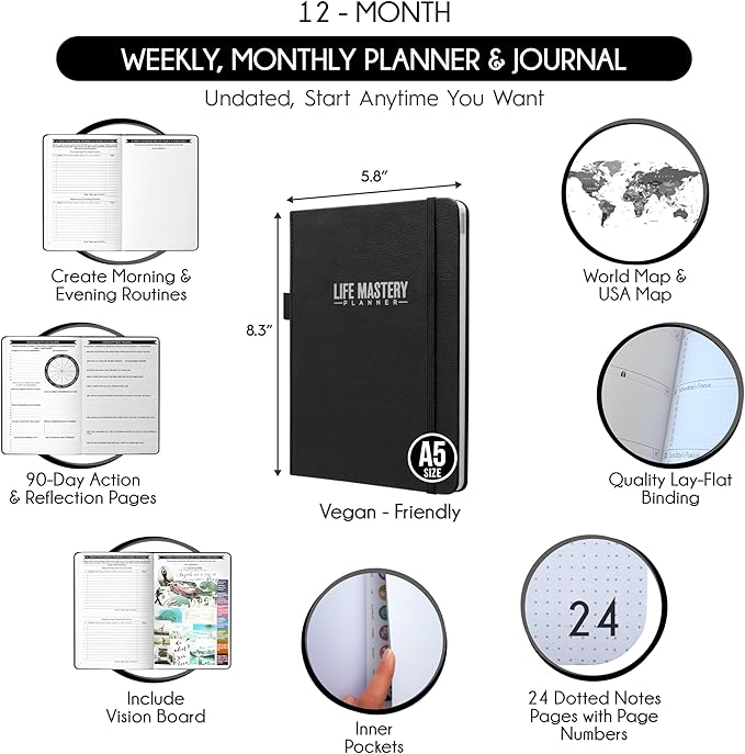 Life Mastery Planner - A 12 Month Journey to Crush Your Goals, Increase Productivity, Passion, Success & Happiness - Weekly & Monthly Life Planner