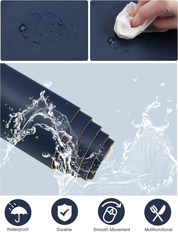 SUJAYU Dual Sided PU Leather Desk Pad, Mouse Pad, Office Desk Mat, Non-Slip Laptop Desk Pad, Waterproof Desk Writing Pad for Office and Home (23.6" x 11.8", Dark Blue + Yellow)