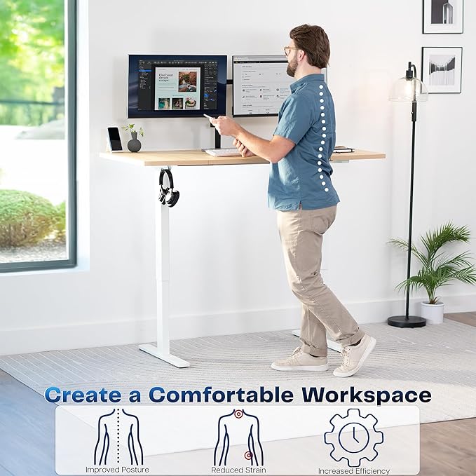 VIVO Electric 60 x 30 in Standing Desk, Memory Height Adjustment, 1B Series, Holds 220 lbs, Light Wood Top White Frame, DESK-KIT-1W6C-30