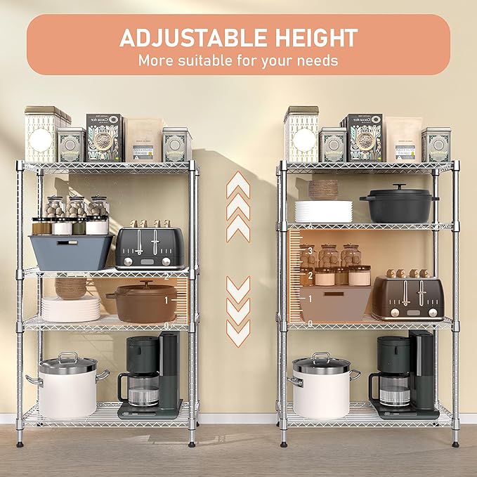 M MZG 5-Shelf Storage Shelves,Wire Shelving Heavy Duty Metal Storage Shelving Unit Adjustable Garage Shelving Rack Pantry Kitchen (Chrome, 4 Tier,15.8" D x 45.3" W x 59.4" H)