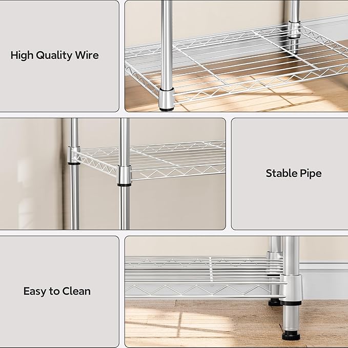 M MZG 5 Tiers Shelf Metal Storage Shelves Wire Rack Closet Organizers with Wheel for Garage Kitchen Bathroom Laundry Chrome 11.8" D x 17.7" W x 55" H