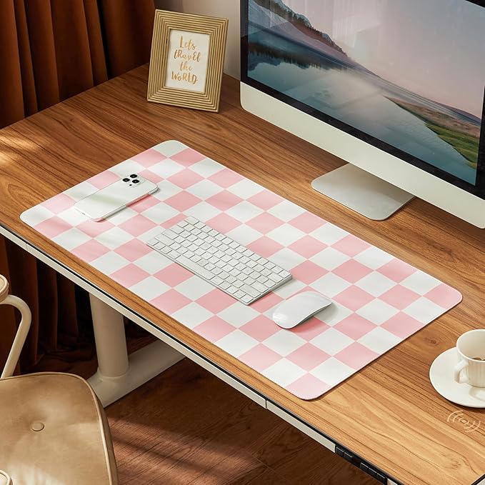 Ohocut Checkered Desk Mat, Large Cute Aesthetic Retro PU Leather Computer Laptop Desk Mat, Non-Slip Waterproof Mouse Keyboard Pad, Desk Writing Mat for Work/Home (Pink, 23.6" x 13.7")