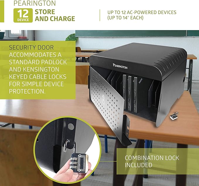 Pearington 12 Device Portable Charging Station for Tablets, iPads, Chromebooks, and Laptop Computers with Lock, Surge Protection, for Classroom or Office