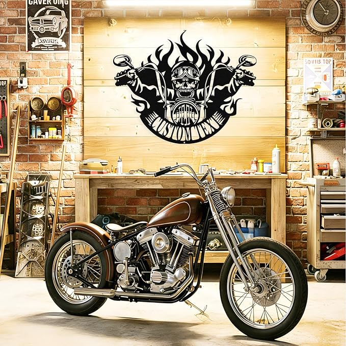 Custom Motorcycle Skull Metal Sign Personalized Biker Name Sign Custom Garage Decor Motorbikes Wall Art Decor Motorcycle Sign Men Room Decor Gifts for Men Husband Rider