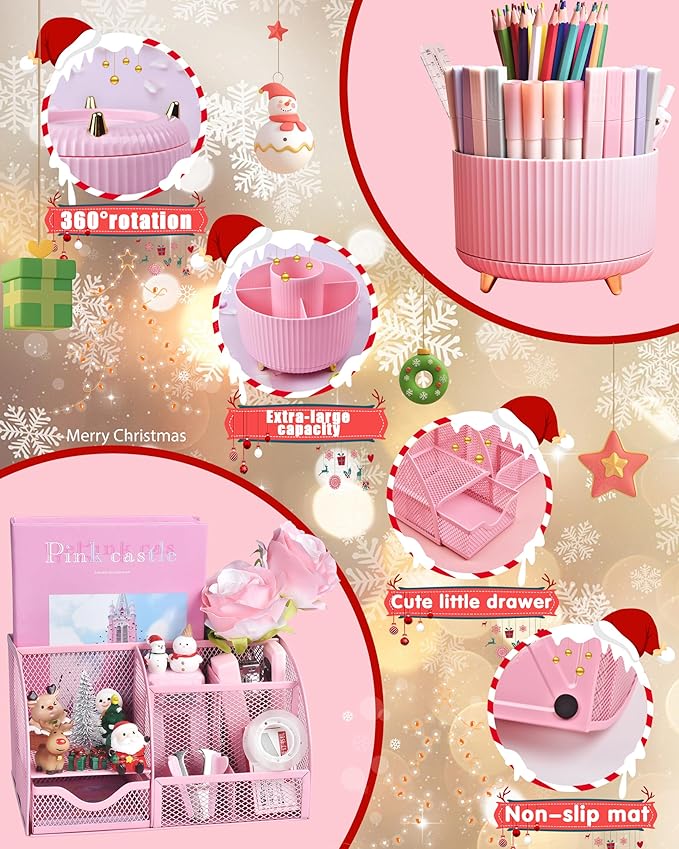 LXEVIHK 21Pcs Pink Desk Organizers and Accessories With Mesh Desk Organizer and 360°Rotating Pen Holder and a Lot of Office Pink Office Supplies Beautifully Presented in a Gift Box