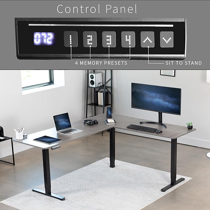 VIVO Electric Corner 75 x 63 inch L-Shaped Standing Desk, Memory Height Adjustment, Dark Gray Top Black Frame, DESK-E3CTG-75
