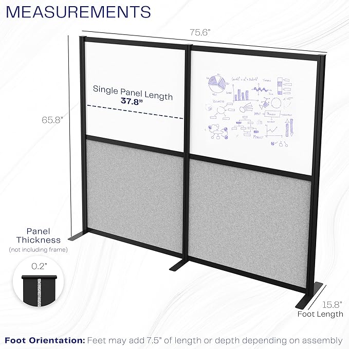 VIVO Modular Wall System, 2 PET and Whiteboard Panels, Professional Office Cubicle Dividers, Freestanding Privacy-Screen, 66 inches High, White and Light Gray, Black Frame, PP-MWS63B-WB