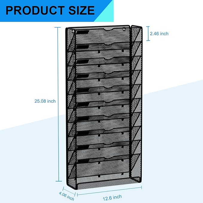 GDINDINFAN Hanging Wall File Organizer 10 Tier Wall Mounted File Holder Document Wall Organizer Magazine Organization for Office Home, Black