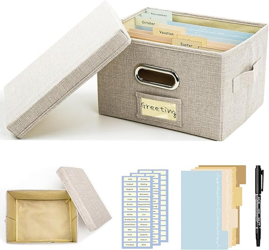 Remowith Greeting Card Organizer and Storage Box with 20 Pcs Adjustable Dividers, Storing Cards with 84 Pcs Labels Perfect for Storing Greeting Cards, Envelopes, Photos 1 Pack Beige