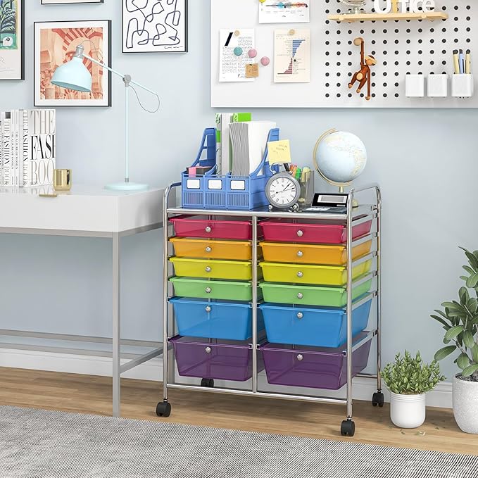 LDAILY 12 Drawer Rolling Storage Cart, Craft Cart Organizer on Wheels w/Metal Frame, Large Capacity & Smooth Drawer, Rolling Cart w/Drawers for Classroom, Office