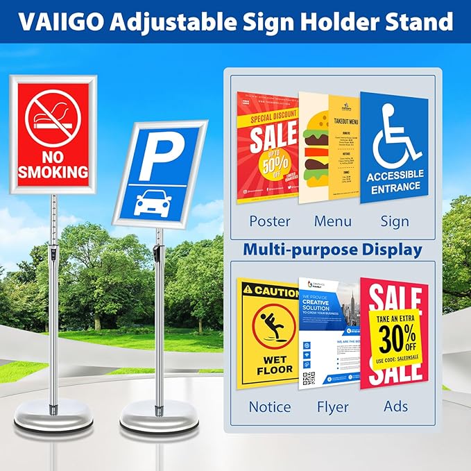 VAIIGO 6Packs Floor Standing Sign Holder Stands for Display 8.5x11Inch Pedestal Poster Sign Stand, Adjustable Sign Holder Stand for Vertical & Horizontal View Sign Display Stand, Silver