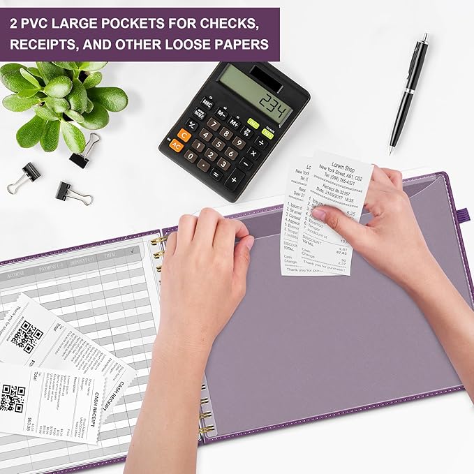 HAUTOCO Hardcover Accounting Ledger Book for Small Business Bookkeeping Horizontal Money Expense Tracker Notebook with 2 Storage Pouch, Personal Columnar Log Journal 10.78 x 8'', Deep Purple