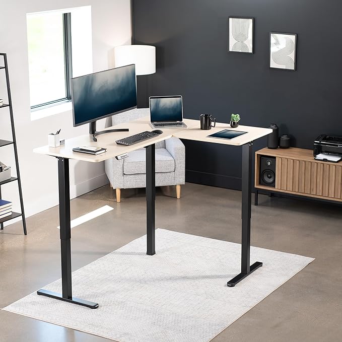 VIVO Electric Corner 63 x 47 inch L-Shaped Standing Desk, Memory Height Adjustment, Light Wood Top Black Frame, DESK-E3CTC-47