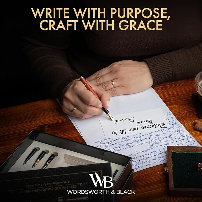 Wordsworth & Black Calligraphy Pen Gift Set, Includes Ink Bottle, 6 Ink Cartridges, Ink Refill Converter, 6 Replacement Nibs, Luxury Bamboo, Journaling, Smooth Writing Pens [Rosewood]