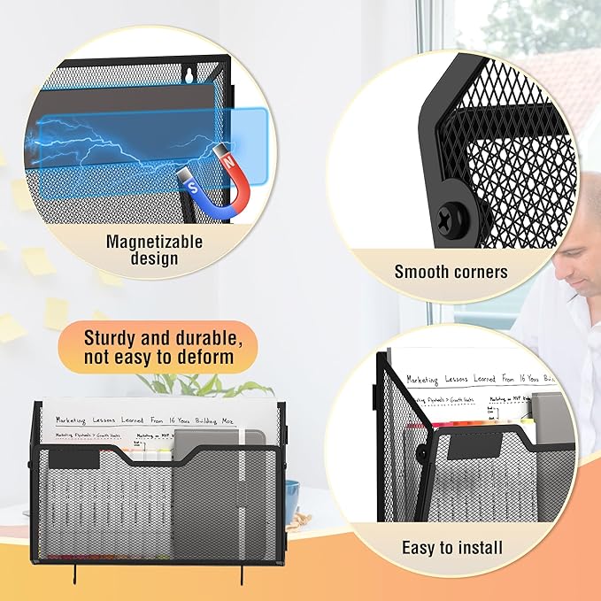 Docnest 6 Pack Magnetic Wall Mounted File Holders,Mesh Letter Organizer with Hooks, Magnetic Hanging Mail Paper Document Organizer for Office, Home, School, Black
