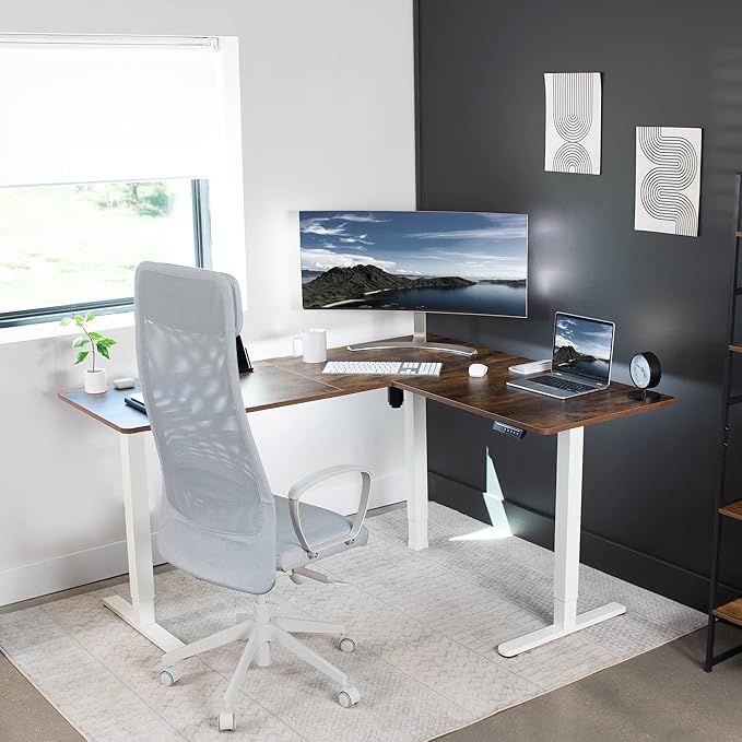 VIVO Electric Corner 63 x 55 inch L-Shaped Standing Desk, Memory Height Adjustment, Rustic Vintage Brown Top White Frame, DESK-E3CTWN