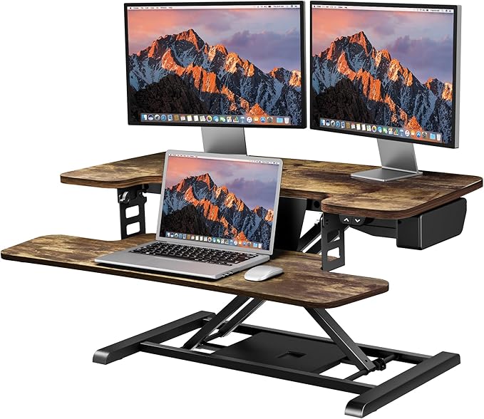 SANODESK Standing Desk Converter with Electric Motor 35" Height Adjustable Desk Riser for Office Home,Monitor and Laptop Workstation with Large Keyboard Tray, Rustic Color