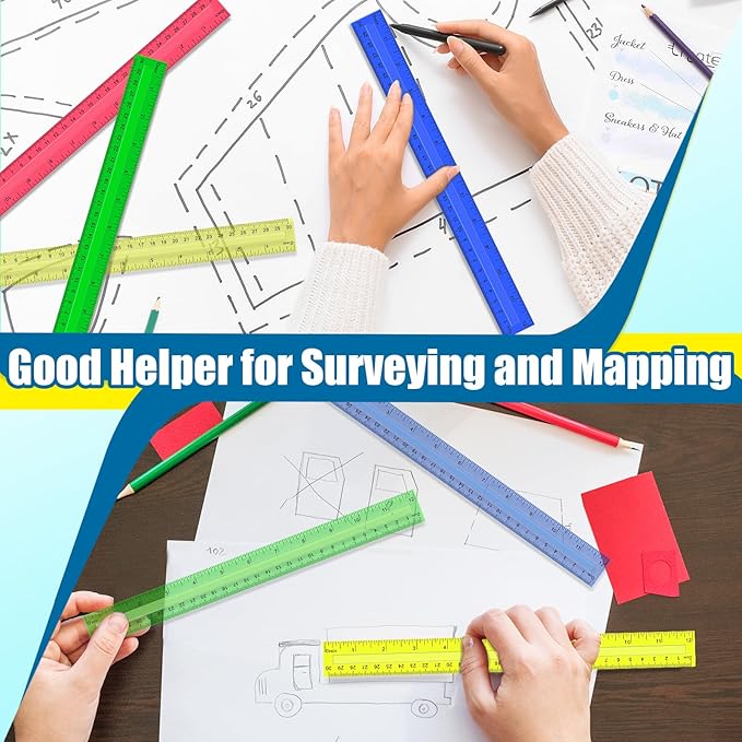 12 Inch Plastic Rulers, 32 PCS Transparent Assorted Color Metric Bulk Rulers with Inches Centimeters Millimeter. Measuring Drawing Tool for Kids, Ideal Back to School Office Home Supplies