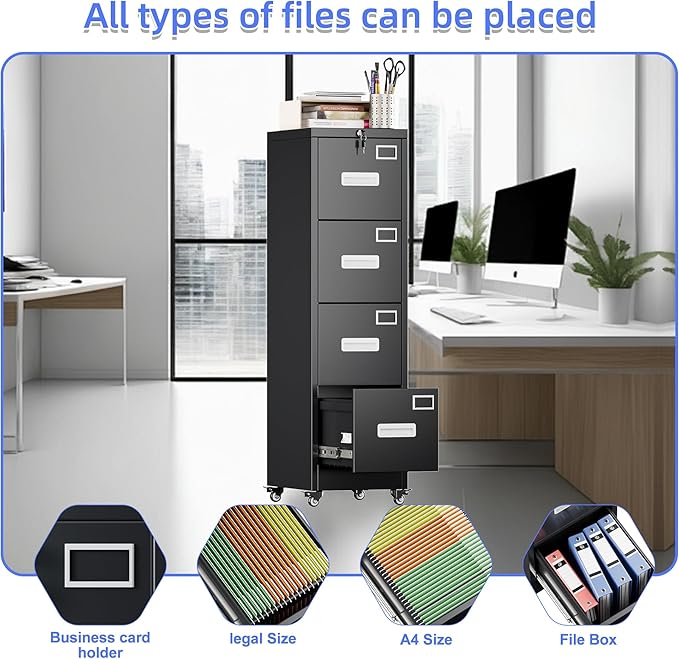 METAN 4 Drawer File Cabinet on Wheels, Lockable Metal Filing Cabinet with Handle and Name Card for Office Home,Assembly Required,Black