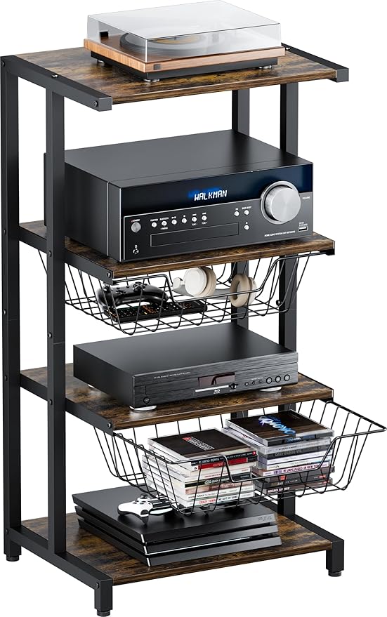 Ardier Media Stand with Two Detachable Baskets, 4-Tier AV Media Stand Corner Shelf for DVD Players/Cable Boxes/Games Consoles, Audio Storage Rack for Living Room, Gaming Room, Music Studio, Black