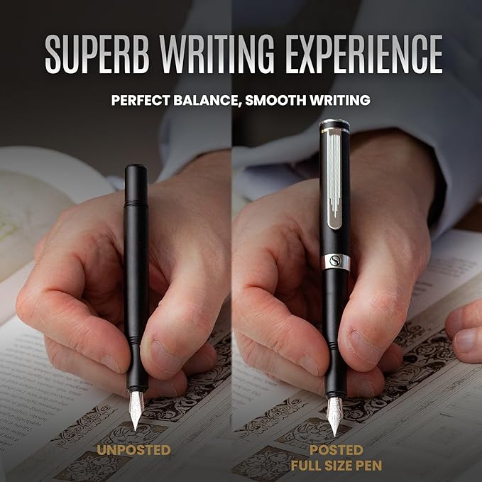 Scriveiner Personalized Luxury EDC Fountain Pen (Medium), Stunning Matt Black Pocket Pen, Chrome Finish, Schmidt German Nib, Best Engraved Fountain Pen Gift Set for Men & Women, Name Engraving