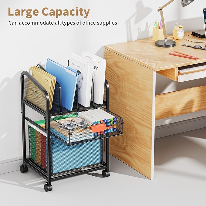 Marbrasse Rolling File Cart with Adjustable Dividers, Mobile File Cabinet on Lockable Wheels, Office Filing Cabinet Organizer, Hanging File Folder Organizer for Home Office - Black
