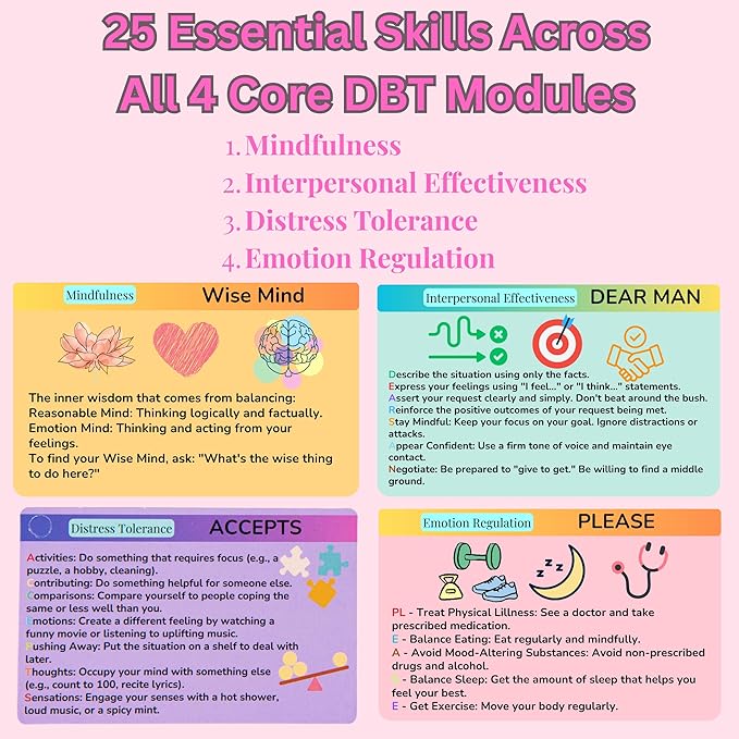 DBT Skills Coaching Cards with Guided Examples & Goals – 25 Flashcards for Emotional Regulation, Stress Relief & Coping Tools – for Teens & Adults