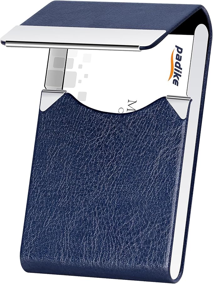 Padike Professional Business Card Holder PU Leather Business Card Case Name Card Holder Slim Metal Pocket Card Holder with Magnetic Shut (Z-Blue)