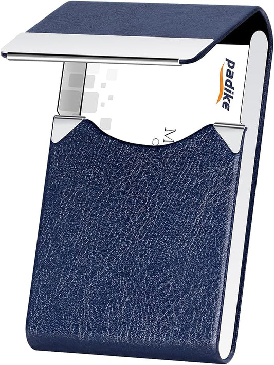 Padike Professional Business Card Holder PU Leather Business Card Case Name Card Holder Slim Metal Pocket Card Holder with Magnetic Shut (Z-Blue)