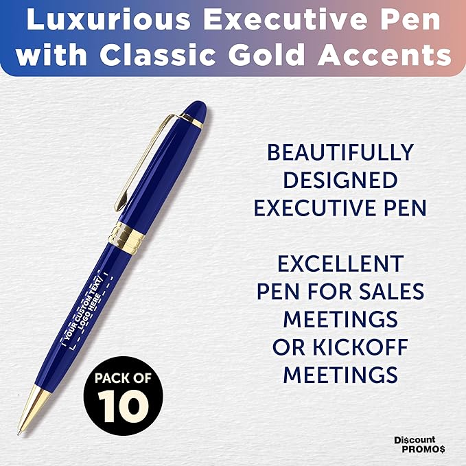 DISCOUNT PROMOS 10 Ultra Executive Pens Pack - Customizable Text, Logo - Twist To Write, Gold Accent - Blue